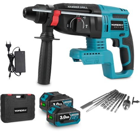 Yofidra Hammer Drill Cordless - 650W SDS-Plus Rotary Hammer Drill with 2 x 3.0Ah Batteries & Charger, 4 Modes 0-4800BPM, 10PCS Drill Bits Electric Tool for Concrete/Steel/Wood