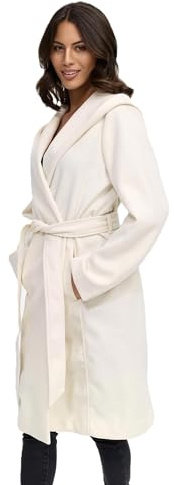 MARIKOO Abrigo de entretiempo para mujer (XS-3XL) – Elegante abrigo envolvente con cinturón en la cintura, capucha de gran tamaño, chaqueta cálida para mujer – N046, blanco roto, XS