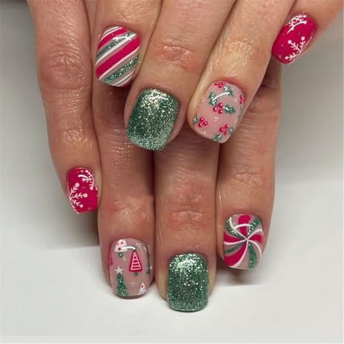 XAGMODSHN Lot de 24 faux ongles carrés courts à coller sur les ongles de Noël