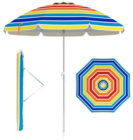 COSTWAY Parasol de Plage Ø198 CM Inclinable Protection UV 50+ avec Bouton Poussoir, Parasol Rond Pliable à 8 Baleines en Fibre de Verre avec Sac de Transport pour Patio, Piscine (Coloré Rayure,198cm)