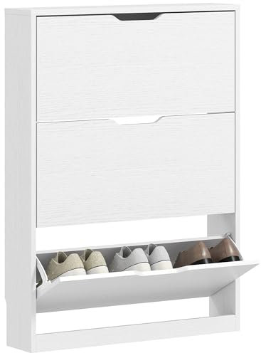 HOMCOM Schuhschrank mit 3 Klappen, Schuhregal, Schuhkipper Schmal Schuhkommode für 9-12 Paar Schuhe 80 x 17 x 108 cm, Weiß