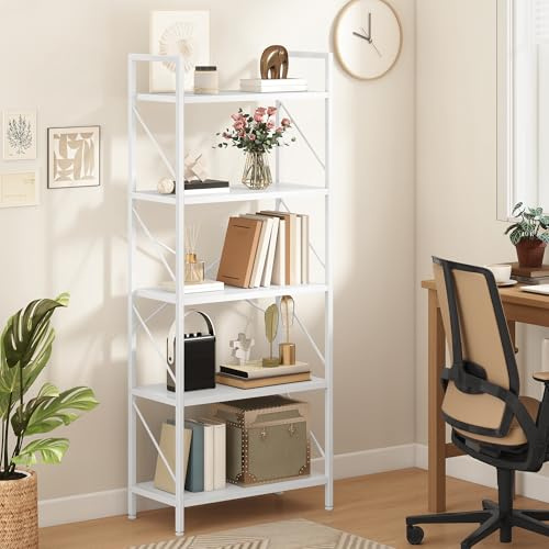 DWVO 5 Tiers Book Shelf, Wood and Metal Bookcase Storage Organizer, Industrial Bookshelf Tall Shelving Unit Display Rack for Living Room Kitchen Bedroom, Pure White Book Rack