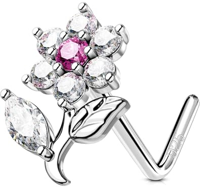 OUFER 20G Blume Nasenpiercing Silber 925 Klar Marquise CZ Nostril Piercing Ring L Form Nasenring 7 mm Nasenstecker S Form Nasenpiercing Schmuck Nose Ring für Frauen