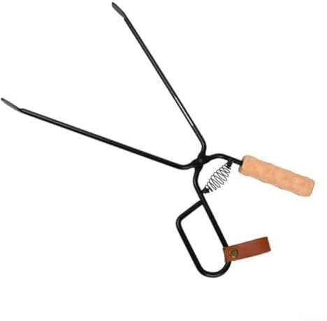 Lange Kaminholzzange aus Edelstahl, robuste Kaminzange mit PU-Lederetui für Camping, Lagerfeuer und Grillen, 46,5 x 11 cm