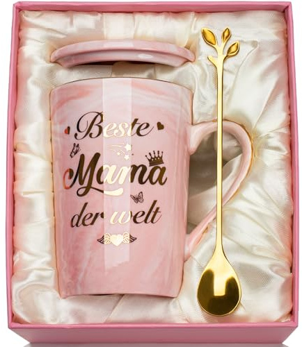 Muttertagsgeschenk Mama Geschenk, Geburtstagsgeschenk für Mama, Beste Mam-a der Welt Tasse Geschenke für Mama, 400ml Rosa Marmor Keramiktasse Muttertag Geschenk mit Deckel Löffel, Geschenkbox