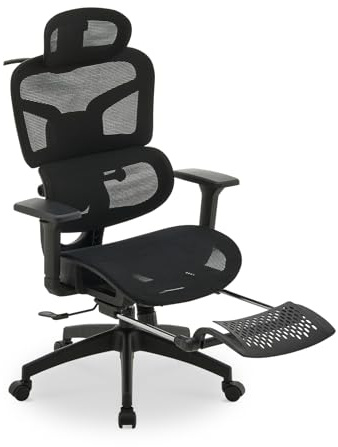 TUKAILAI Ergonomischer Bürostuhl mit Fußstütze,Verstellbarer Schreibtischstuhl mit Lordosenstütze und Kopfstütze,150kg Tragkraft für Homeoffice,Gaming,Schwarz