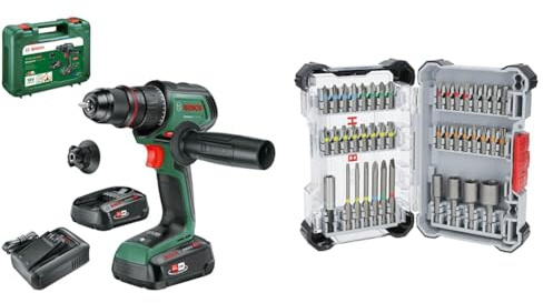 Bosch Akku-Bohrschrauber AdvancedDrill 18V-80 (zum Bohren und Schrauben; Metallbohrfutter; Magnetkappe; mit zwei Akkus und Ladegerät) + 43x Extra Hard Schrauberbit-Set (197 x 110,5 mm, Zubehör)