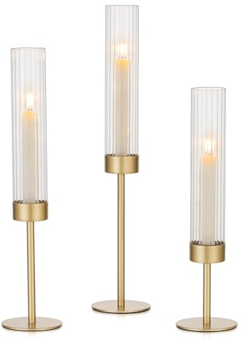 Hewory 3pcs Gold Hurricane Candle Holders for Dinner Table Decorations Tall