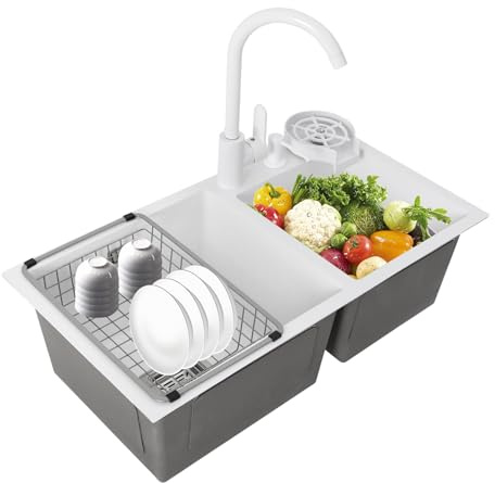 Fregadero de cocina de 2 cuencos, fregadero doble, fregadero empotrado, de acero inoxidable, con grifo y escurridor, juego de fregadero de acero inoxidable, fregadero doble para cocinas, cafés, bares