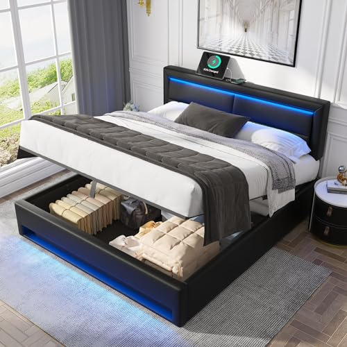 EINHOM Upholstered Double Bed Frame with Storage, 4ft6 Ottoman Bed with LED-lighting and Charging-Ports. Storage Bed with Wood Satted,135 x 190 cm, PU, Black, (No Mattress)