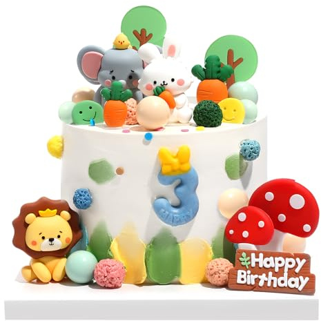 20 PCS Safari Animal Cake Toppers Jungle Wild Cake Decorations with Elephant Lion Rabbit Ball Cake Toppers for Kids Birthday Party Supplies