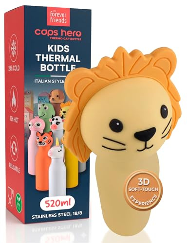 Gourde pour Enfants Isotherme sans BPA 520ml Acier Inoxydable - CapsHero Lion Lion Lio Bouteille Réutilisable Anti-Odeurs Double Paroi 230x70mm - Chaud 12h Froid 24h - Collection My Forever Friends
