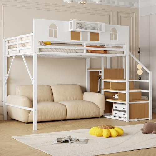 Dolamaní Hochbett 140x200 cm Metall Bettgestell mit Treppe Sicherheits und Schrank, Höhe 187 cm Bett mit Abnehmbares Netz Regale und Rausfallschutz, für Teenager Erwachsene (Weiß B)