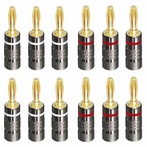 Banana Plug 4 mm, Banana Plug Speaker 24 K Gold-Plated, Screwable, 5 Pairs Speaker Banana Plugs, for Speaker Cables, Amplifiers, HiFi Boxes, AV Receivers (6 x Red, 6 x White)
