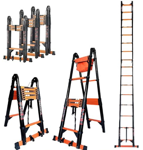 Teleskopleiter Klappleiter 5.8m Multifunktionsleite 2.9m+2.9m Kohlenstoffstahl Leiter Stehleiter mit 2 Rädern & Werkzeugtasche Bis 150 kg Belastbarkeit mit EN131 Zertifiziert