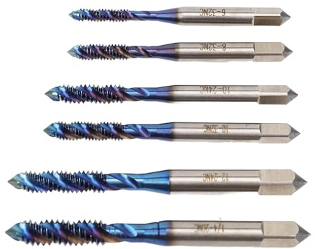 Garosa Punte Trapano per Maschi 6 Pezzi in Acciaio Ad Alta velocità con Rivestimento Blu per Flauto a Spirale, Set di Maschi per Macchina per Ferro, Alluminio, Acciaio 6-32NC a 1/4-20NC