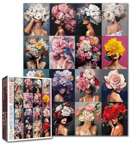Mode Femmes Fleurs de Tête Puzzles Graffiti Filles Art 1000 Pièces pour Adultes Puzzle Défi Parfait pour Les Soirées de Jeu Bricolage Décoration Murale pour la Maison Cadeaux