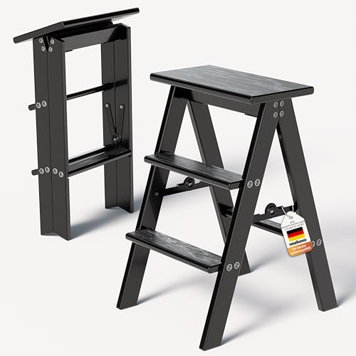 3 Stufen Leiter, Trittleiter 3 Stufen klappbar, Trittleiter Holz, klappbarer Holztritt,klappbarer Tritthocker mit breitem Anti-Rutsch-Pedal, 150 kg Tragkraft (Schwarz K1)