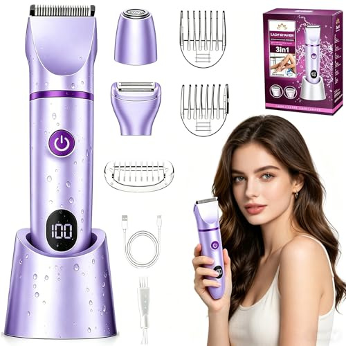 Bamkmbe afeitadora eléctrica para mujer, 3 en 1 recortadora de vello corporal y removedor de vello para bikini, IPX7 seco/mojado Recortadora, Apto para Facial, Cuerpo y Las Zonas íntimas (Violeta​)