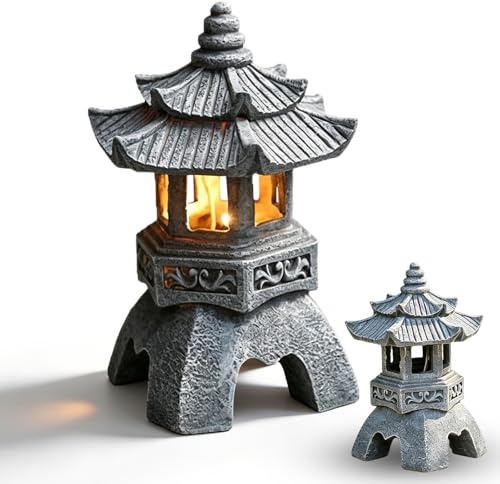 Lanterne japonaise en pierre - Décoration de jardin - Lanterne solaire pagode - H 24 cm - Lanterne de jardin japonaise en résine avec éclairage LED solaire pour intérieur et extérieur - Décoration de