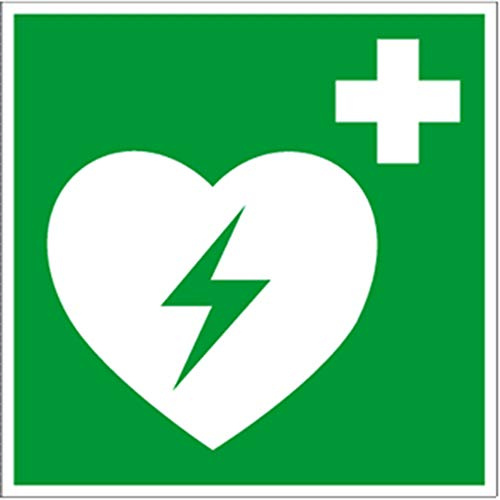 LEMAX® Aufkleber Rettungszeichen, Automatisierter Externer Defibrillator E010 DIN EN ISO 7010 Folie selbstklebend, langnachleuchtend grün/weiß/Randfarbe: weiß 200x200mm