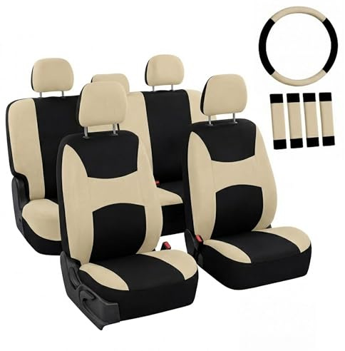 FH Group Juego de Fundas de Asiento para automóvil, Universal, con Funda para Volante y Almohadilla para cinturón de Seguridad (Compatible con airbag y Banco Dividido) FB030BEIGEBLACK115-COMBO