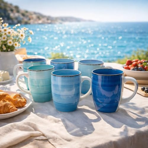 DRULINE 6er-Set Sky Kaffeebecher Steingut 350ml – Kaffeetassen mit Henkel Blau – Keramik Tassen Set für Kaffee, Tee, Cappuccino, Spülmaschinenfest & Mikrowellengeeignet