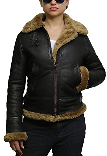 BRANDSLOCK Damen-Frauen mit Kapuze Aviator Echt Shearling Schaffell Fliegen Lederjacke-Mantel (Braun, x_l)