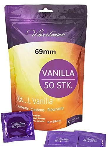 VIBRATISSIMO Preservativi Premium XXL Vaniglia Confezione da 50 per Uomini | alla Vaniglia con Spessore della Parete Sottile e Aromatizzati | Ultra Sensibili e Delicatissimi | b=69 mm