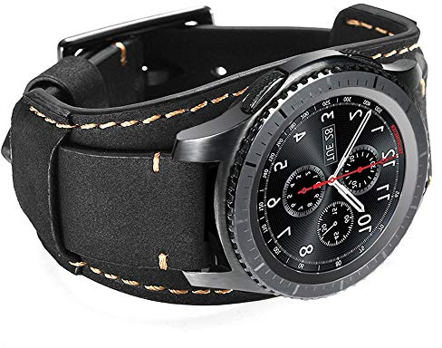 CooBES Kompatibel mit Samsung Galaxy Watch 46mm/Gear S3 Frontier/Galaxy Watch 3 45mm/Classic Armband，22mm Echtes Leder Uhrenarmband Cuff Ersatz Armbänder mit für Männer oder Frauen (22mm, Schwarz)