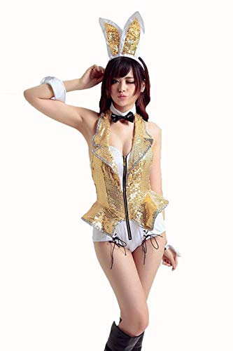 WNRLL Sexy Girl Fun Pailletten Body Bunny Enge Kostüme Wet Look Clubwear Jazz Dance Halloween Pole Dance Kostüm Catsuit Enge Kostüme,Beige,XXL