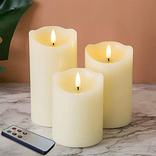 Eywamage Ivory Flameless Pillar Candles with Remote, Flickering Battery Electric LED Wax Candles Home Table Decor Set of 3