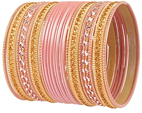 Touchstone Colorful 2 Dozen Bangle Collection Indian Bollywood Alloy Metal Textured Baby Pink Designer Jewelry Bangle Bracelets Set of 24 In Antique Gold Tone For Women