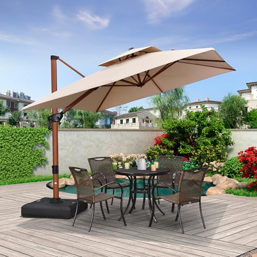 PURPLE LEAF Parasol De Jardin Extérieur, Parasol Déporté Inclinable 2,7 x 2,7 m, Grain de Bois en Aluminium, Toit à Double Rotatif 360°, Anti-UV, Convient Pour les Terrasses et Le Patio Carrées, Beige