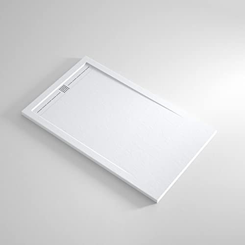 Plato Ducha RESINA EstiloBaño® DINAMIC - ENMARCADO - Textura PIZARRA - Todas Las Medidas Disponibles -【 70x140, BLANCO】- Con Válvula desagüe + Rejilla