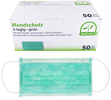 Medi-Inn+ Mundschutz Atemschutz mit Elastikbändern Typ II 3-lagig grün (20 x 50 = 1000 Stück)