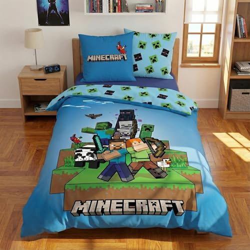 AYMAX Blått minecraft vändbart sängkläder 140 cm x 200 cm