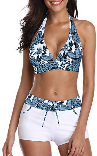 PONCEAU Bikini Damen Set - Push Up Bauchweg Sexy Bademode Tiefer V Ausschnitt Verstellbar Bikinioberteil Zweiteiliger Wickel High Waist Bikinihose Swimsuit