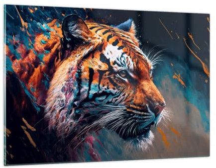 Deco Cadre Salon Tigre Coloré Animal Moderne Impression sur Verre 120x80cm Image Tableau en Verre Decoration Murale Chambre Cuisine Horizontal Art Grand XXL Tableaux Decoratifs Muraux GAA120x80-5736