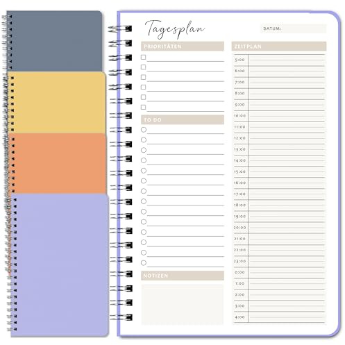 BIROYAL 4 Stück Tagesplaner Undatiert A5, 400-Tage To Do Planer, Bunt 2 | 120gsm Papier, 360° umklappbar Spiral Daily Planner, mit To Do Liste Stundenplan, Klar Strukturiert, Home Office Gadgets
