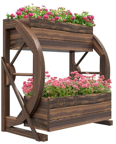 Outsunny Fioriera in Legno da Esterno a 2 Livelli, Orto Rialzato con 2 Vasi e Ruote di Carro Stile Country, 55x32x56cm