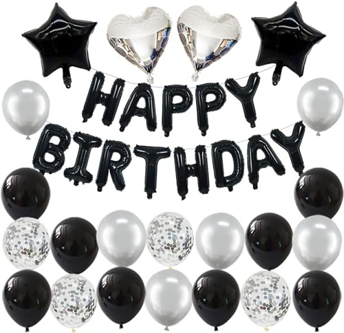 Decoración de cumpleaños en negro y plata, guirnalda de feliz cumpleaños, globos negros, decoración de cumpleaños para hombre