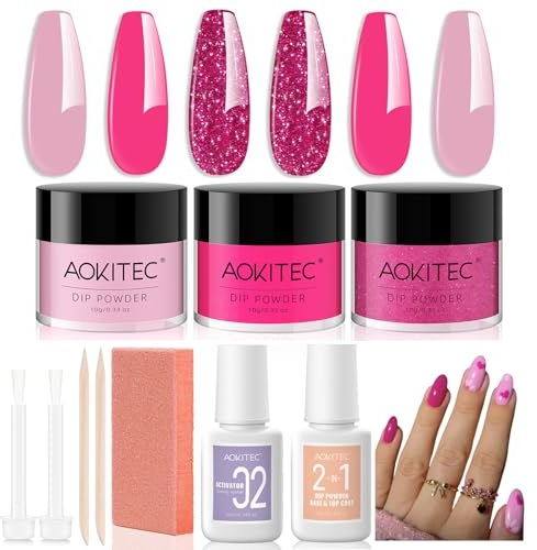 Aokitec Dip Powder Nail Kit - 3 Colors With 2-in-1 Base & Top Activator, Remover Brush, Starter Set for Women & Girls, Hot Pink