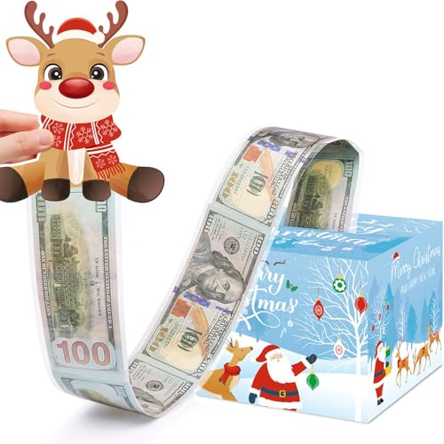 Meiidoshine Christmas Money Box for Cash Gift Pull, Surprise Money Holder Cash Gift for Kids Adults, DIY Fun Holiday Cash Box for Women Men Girls Boys Mom Dad Friends, Include 50Pcs Transparent Bags