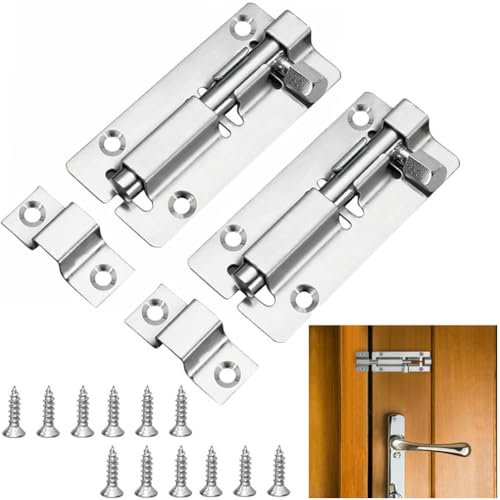 Door Lock Bolts 3(75mm), 2 PCS Door Lock Bolt, Stainless Steel Door Latch Slide Bolts Locks with Screws for Bathroom Bedroom Shed Garden Toilet Gate Cupboard, 3 Inch Door Security Doors Bolt, Silver