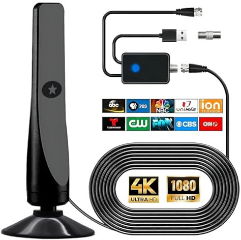 Antenna TV digitale, potente antenna HDTV interna esterna con amplificatore, ricezione 360° di 50 miglia antenna TV, supporta 4K 1080P, TV DVB-T2 VHF UHF, cavo coassiale 5M