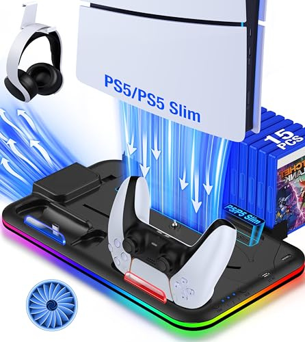 Fanxieast Enhance PS5/Slim Stand and Cooling Station with Dual Controller Charging,3-Level Adjustable PS5 Cooling Fan, Headset Holder &15 Game Storage Slots&RGB LED
