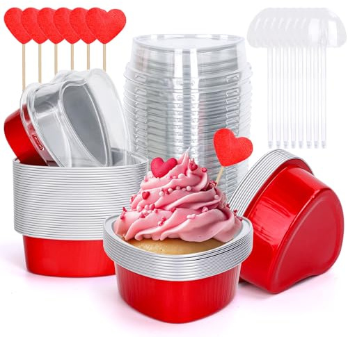 FYSUIMU 100Pcs Valentine Heart Shaped Cake Pans 3.5oz Red Mini Aluminum Foil Baking Cups with Lids Spoons Disposable Cupcake Topper for Valentine Wedding Party Mother's Day Birthday