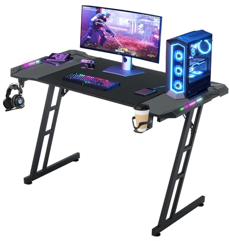 Bureau Gamer LED，Forme de Z Moderne Table Gaming，Bureau Gaming avec Porte-gobelet et Crochet pour Casque，Plateau en Fibre de Carbone，Bureau d'ordinateur Informatique Ergonomique，Gamer Desk，120 x 60cm