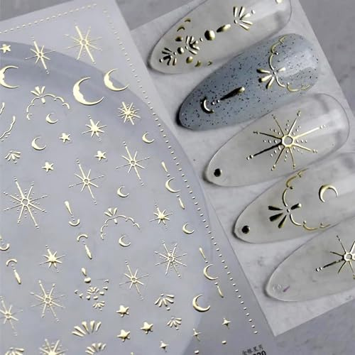 TELAIN 3D Nail Stickers With Moon And Star Design, Self Adhesive Nail Stickers With Golden Embossing, Perfect For Professional Nail Design At Home